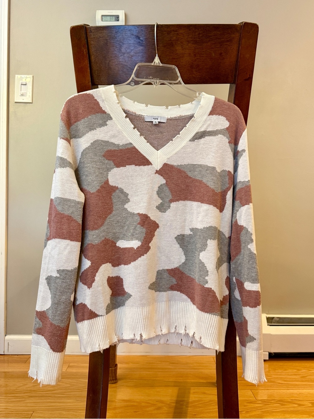 Fate Camo V-Neck Sweater in Rust, Gray & Cream